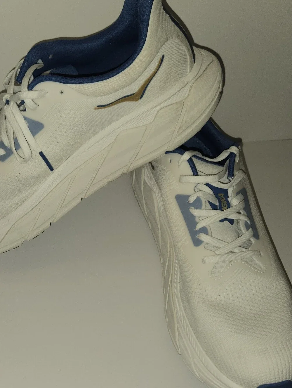 Hoka One One White and Navy Athletic Running Shoes with Gold Logo